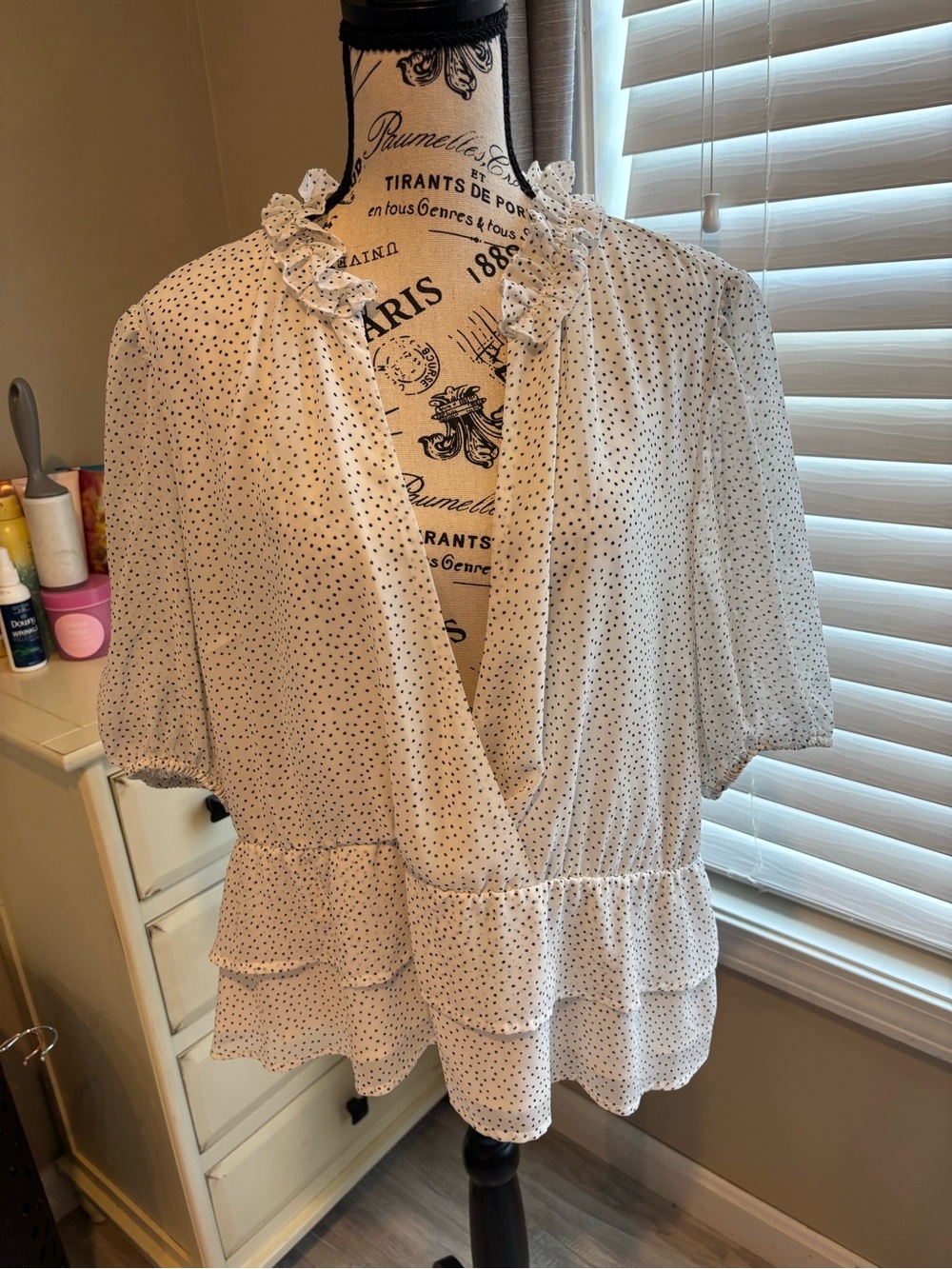 Express White Blouse with Black Polka Dots and Ruffle Peplum